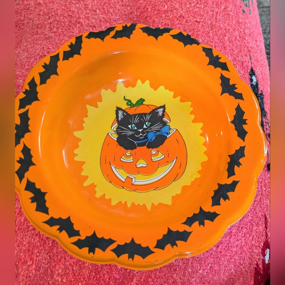Berman Industries Vintage Halloween Candy Bowl Dish Black Cat Jack-O-Lantern USA